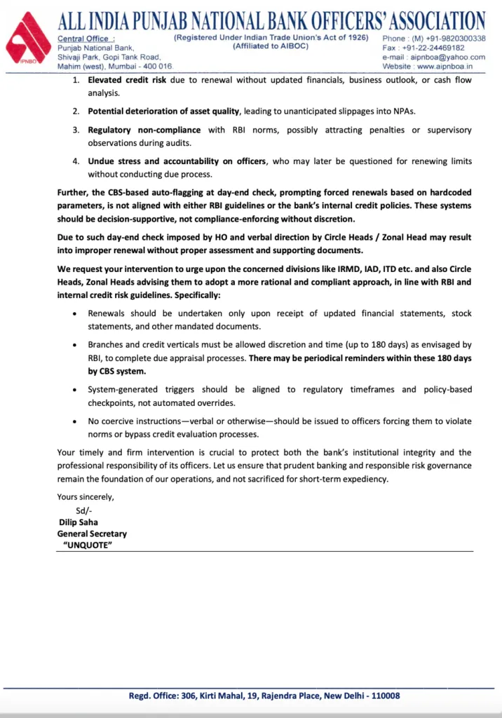 AIPNBOA Letter to MD&CEO: Is PNB Management forcing Employees to Renew Loans ignoring Bank and RBI Guidelines?